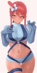  1girl absurdres blue_eyes blue_gloves blue_jacket blue_shorts blush breasts commentary cowboy_shot crop_top cropped_jacket gloves hand_on_own_chest highres jacket large_breasts medium_hair micro_shorts navel pokemon pokemon_black_and_white red_hair shorts simple_background skyla_(pokemon) smile solo topknot turnipdish white_background 