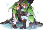  2boys anchouvie blonde_hair blue_eyes commentary dual_persona english_commentary green_hat green_tunic hat headpat highres in-franchise_crossover link male_focus master_sword multiple_boys navi on_one_knee pointy_ears the_legend_of_zelda the_legend_of_zelda:_ocarina_of_time the_legend_of_zelda:_ocarina_of_time_(remake) triforce tunic young_link 