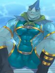  1boy araba_(shangri-la_frontier) bara cloaca commentary_request fangs fuga9 furry furry_male highres looking_at_viewer male_focus muscular muscular_male open_mouth shangri-la_frontier shark_boy shark_fin sitting skin_fangs smile 