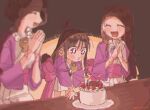  :3 :d ace_attorney aged_down birthday birthday_cake black_hair blowing_candle blurry blush_stickers brown_hair cake candle child closed_eyes closed_mouth dated food haori happy japanese_clothes jewelry long_hair magatama magatama_necklace maya_fey mia_fey misty_fey mole mole_under_mouth mother_and_child mother_and_daughter necklace open_mouth own_hands_clasped own_hands_together oyoyo_pe parent_and_child purple_haori siblings sidelocks simple_background sisters smile table topknot upper_body 