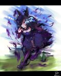  1girl absurdres animal_ears bare_shoulders black_shoes black_thighhighs blue_dress blue_flower blue_rose breasts brown_hair commentary_request dress eye_trail flipped_hair flower fur_choker glowing glowing_eye hair_over_one_eye hat hat_flower highres horse_ears horse_girl horse_tail jacket letterman_jacket light_trail long_hair long_sleeves off-shoulder_dress off_shoulder poko_(user_rjdg5478) purple_aura purple_eyes rice_shower_(rosy_dreams)_(umamusume) rice_shower_(umamusume) rose running shoes small_breasts solo tail thighhighs tilted_headwear umamusume 