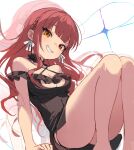  1girl absurdres black_choker black_dress blunt_bangs bow bow_earrings braid breasts center-flap_bangs center_opening choker cleavage commentary criss-cross_halter dress earrings english_commentary feet_out_of_frame floating_hair frilled_choker frilled_dress frills grin halterneck head_tilt heterochromia highres hololive houshou_marine houshou_marine_(roomwear) jewelry knees_up korean_commentary light_trail long_hair looking_at_viewer loose_hair_strand loungewear medium_breasts mixed-language_commentary multi-source_commentary off-shoulder_dress off_shoulder official_alternate_costume official_alternate_hairstyle panty_straps projected_inset raised_eyebrows red_eyes red_hair short_dress side_braid simple_background sitting smile solo sparkle untranslatable_commentary white_background white_bow yellow_eyes yoganeko 
