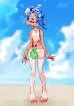  1girl ass_visible_through_thighs beach blue_hair blue_sky cloud commentary_request completely_nude convenient_censoring earrings flat_chest hair_over_one_eye highres jewelry koharu2.5 looking_at_viewer nipples nude outdoors red_eyes shiver_(splatoon) sky solo splatoon_(series) standing tanlines tentacle_hair 