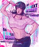  1girl aqua_streaks belt black_hair black_nails bra_strap bracelet brown_belt chin_piercing choker crop_top denim english_text face_piercing hand_on_own_hip highres hoshi_kirara jeans jewelry jujutsu_kaisen labret_piercing looking_to_the_side lyrics midriff multicolored_hair nail_polish navel off_shoulder open_mouth pants piercing pink_eyes pink_theme salute short_sleeves solo spiked_choker spikes standing streaked_hair teeth tojisdreamgirl two-tone_hair upper_teeth_only 
