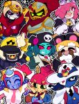  6+girls autumn black_hat blue_hair brawl_stars card closed_eyes colette_(brawl_stars) fang gigi_(brawl_stars) green_eyes hat highres janet_(brawl_stars) knight looking_at_viewer multiple_boys multiple_girls old old_man one_eye_closed pink_eyes pink_hair pinku_pawlette_(brawl_stars) purple_eyes robot scarecrow short_hair smile sowon_hate tara_(brawl_stars) white_beard yellow_eyes 