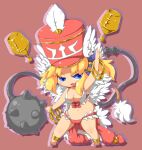  1girl arm_up ball_and_chain_(weapon) bangle bikini blonde_hair blue_eyes blush bracelet breasts brown_background chalice chibi chibi_only cleavage commentary_request cup feather_trim feathered_wings full_body hat jewelry large_breasts long_hair looking_at_viewer mismatched_bikini open_mouth plume pomerani ragnarok_online red_bikini red_hat shako_cap simple_background smile solo spiked_ball_and_chain standing swimsuit v-shaped_eyebrows wanderer_(ragnarok_online) weapon white_bikini white_wings wings 