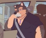  anthro brown_body brown_fur canid canine canis car domestic_dog fur hi_res jewelry lifewonders live-a-hero looking_at_viewer male mammal muscular muscular_anthro muscular_male necklace pecs pubraseer purple_eyes seatbelt shi_ba_ki_chi vehicle video_games 