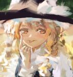  1girl akanbe blonde_hair blush braid brown_eyes commentary_request eyelid_pull feathers hat highres kirisame_marisa painterly painting_(medium) ribbon smile solo star_(symbol) tongue tongue_out touhou traditional_media upper_body vanilla_flan witch_hat 