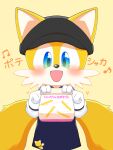  1boy :d alternate_costume animal_ears animal_nose apron bag beamed_eighth_notes black_hat blue_apron blue_eyes blue_shirt blush commentary_request cowboy_shot eighth_note employee_uniform fast_food_uniform feeding_viewer fox_boy fox_ears fox_tail furry furry_male gloves happy hat holding holding_bag looking_at_viewer male_focus multiple_tails musical_note open_mouth roshii_(roshi_loshi_641) shirt simple_background smile solo sonic_(series) tail tails_(sonic) translation_request white_gloves yellow_background 
