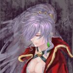  1girl absurdres artist_name blue_eyes breasts cape cleavage closed_mouth commentary_request criss-cross_halter dated earrings fire_emblem fire_emblem:_genealogy_of_the_holy_war fire_emblem_heroes gem gold_tiara green_gem hair_over_one_eye half-closed_eye halterneck high_ponytail highres ishtar_(fire_emblem) ishtar_(resplendent)_(fire_emblem) jewelry medium_breasts official_alternate_costume one_eye_covered pink_lips ponytail purple_background purple_hair red_cape signature simple_background solo swept_bangs two-tone_background upper_body yeeej 