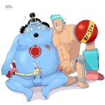  1:1 2021 anthro balls belly blue_body blush duo erection fish-men_(one_piece) franky_(one_piece) genitals handjob hi_res human jinbe male male/male mammal marine moobs muscular muscular_male nipples one_piece overweight overweight_male peixealcoolatra penile penis sex sitting 