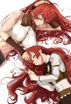  2girls absurdres age_comparison ahoge arm_belt bare_shoulders closed_eyes closed_mouth collared_shirt commentary_request cropped_shirt dual_persona eris_greyrat eris_greyrat_(adult) hair_spread_out hairband hand_on_another's_forehead highres kou_(spad7u59) long_hair long_sleeves looking_at_another lying multiple_girls mushoku_tensei navel on_side parted_lips red_eyes red_hair shirt simple_background sleeping sleeveless sleeveless_shirt time_paradox upper_body very_long_hair white_background white_shirt 