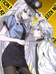  1boy 1girl ahoge alternate_costume belt black_nails black_necktie black_pantyhose black_skirt blue_shirt breast_pocket caution_tape chain chain_leash cherry_(sp_gkdla) collar collared_shirt contemporary fingernails genshin_impact grey_belt hair_between_eyes hand_on_headwear hand_up hat highres leash long_fingernails long_hair looking_at_another mitya_(genshin_impact) necktie object_in_pocket pantyhose parted_lips pen_in_pocket pocket police police_hat police_uniform policewoman purple_eyes ronova_(genshin_impact) shirt short_hair short_sleeves skirt symbol-shaped_pupils very_long_hair white_shirt yellow_eyes 
