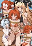 3girls ahoge anne_bonny_(fate) anne_bonny_(swimsuit_archer)_(first_ascension)_(fate) arms_behind_back bdsm bikini black_bikini black_hairband black_hat blindfold blonde_hair blue_eyes blue_shorts blush bondage bound bound_arms breasts commentary_request commission crossed_bangs fate/grand_order fate_(series) fujimaru_ritsuka_(female) fujimaru_ritsuka_(female)_(brilliant_summer) grey_hair hair_between_eyes hair_ornament hair_scrunchie hairband hat highres holding holding_rope jolly_roger kneeling large_breasts looking_at_another mary_read_(fate) mary_read_(swimsuit_archer)_(first_ascension)_(fate) medium_breasts multiple_girls navel o-ring o-ring_top ocean official_alternate_costume one_side_up open_mouth orange_bikini orange_eyes orange_hair orange_scrunchie pirate_hat pixiv_commission rope scar scar_on_face scrunchie shibari shimouki_izui shorts shoulder_blades striped_bikini striped_clothes swimsuit tying variant_set white_bikini 