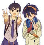  2boys :d ahoge black_hair blue_shirt breast_pocket brown_eyes brown_hair collared_shirt commentary_request double_v florian_(pokemon) gloves hair_between_eyes hairband harube623 highres holding_strap jacket kieran_(pokemon) korean_commentary long_sleeves male_focus multiple_boys necktie open_mouth outline pocket pokemon pokemon_scarlet_and_violet red_gloves red_necktie shirt short_hair short_sleeves shorts single_glove smile v white_background yellow_hairband 