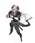  1girl absurdres arknights bandaid bandaid_on_face baton_(weapon) black_boots black_choker body_armor boots chinese_commentary choker collared_shirt commentary cracking_knuckles elbow_pads floating_hair full_body grey_pants grey_shirt hair_between_eyes highres horns jinrou_da_niao_ren knee_pads long_hair looking_at_viewer looking_up official_alternate_costume orange_eyes own_hands_together pants saria_(arknights) saria_(the_law)_(arknights) shirt shoulder_pads simple_background sleeves_rolled_up solo standing tail tonfa watermark weapon weibo_username weibo_watermark white_background white_hair 