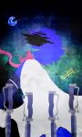  1girl abstract black_background blue_gem blue_hair blue_sleeves bow bowtie cape commentary cowboy_shot detached_sleeves english_commentary fortissimo from_side gem glint hair_ornament hairclip highres magical_girl mahou_shoujo_madoka_magica mahou_shoujo_madoka_magica_(anime) mahou_shoujo_madoka_magica_movie_1_&amp;_2 meramakes miki_sayaka miki_sayaka_(magical_girl) musical_note musical_note_hair_ornament no_lineart oktavia_von_seckendorff pink_bow pink_bowtie short_hair silhouette solo underwater unworn_hair_ornament unworn_hairclip white_cape witch_(madoka_magica) 