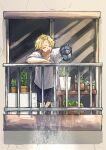  1boy against_railing arm_rest balcony bangs_pinned_back blonde_hair blue_shorts closed_eyes commentary english_commentary facing_viewer grey_shirt highres holding holding_watering_can maaka_4441 male_focus morning nijisanji outdoors plant potted_plant railing shirt short_hair short_sleeves shorts solo t-shirt uzuki_kou virtual_youtuber watering_can yawning 