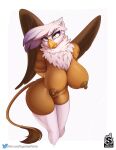  2021 areola avian beak big_breasts breasts clothing conditional_dnp female friendship_is_magic gilda_(mlp) gryphon hasbro hi_res huge_breasts legwear mostly_nude my_little_pony mythological_avian mythology nipples simple_background solo sugarlesspaints text thigh_highs url white_background 
