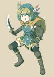  1girl :q bandana belt belt_pouch black_thighhighs boots breasts brown_background cape closed_mouth commentary_request elbow_gloves feathers full_body gloves green_eyes green_hair green_shorts hair_between_eyes headscarf highres holding holding_knife holding_weapon inuno_rakugaki knee_boots knee_pads knife legs_apart licking_lips looking_at_viewer original pouch short_hair shorts simple_background sleeveless smile solo standing thighhighs tongue tongue_out v-shaped_eyebrows weapon yellow_cape zettai_ryouiki 