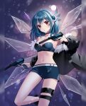  1girl bandeau bare_shoulders belt black_choker black_jacket blue_bandeau blue_hair blue_shorts blush breasts choker cleavage closed_mouth commentary commission emi_kitori english_commentary eyelashes facial_mark fur-trimmed_jacket fur_trim hair_ornament highres jacket long_sleeves medium_hair midriff navel off_shoulder open_clothes open_jacket piruluk red_eyes shorts signature solo thigh_strap triangle triangle_facial_mark white_belt wixoss 