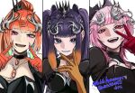  3girls :d black_choker black_crown black_shirt black_tiara blunt_bangs breasts choker colored_inner_hair commentary_request crown earrings feather_earrings feathers gloves gradient_hair green_feathers green_hair grin happy_anniversary high_ponytail highres hololive hololive_english holomyth jewelry large_breasts long_hair looking_at_viewer medium_hair mini_crown mole mole_under_eye mori_calliope multicolored_hair multiple_girls necklace ninomae_ina'nis open_mouth orange_choker orange_gloves orange_hair pendant_choker pink_eyes pink_hair ponytail purple_eyes purple_hair red_gloves shirt sidelocks simple_background small_breasts smile takanashi_kiara tentacle_hair tiara tilted_headwear translation_request two-tone_hair upper_body virtual_youtuber white_background youlike0315 