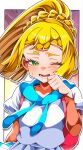  1girl bag blonde_hair blush braid braided_base breasts commentary_request crying duffel_bag green_eyes highres lillie_(pokemon) long_hair one_eye_closed open_mouth pokemon pokemon_sun_and_moon ponytail ponytail_with_braided_base shiki_(kisikisi1007) shirt short_sleeves skirt small_breasts solo teeth white_shirt white_skirt 