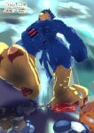  absurd_res anthro avian bird blue_body destruction erection falco_lombardi feet genitals hi_res looming low-angle_view macro male masturbation nintendo penis rampage solo star_fox video_games walking zerokcal9812 