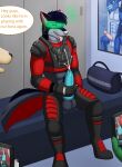  anthro armor blackmail bodily_fluids boots canid canine canis clothing cum dregna english_text footwear gear genital_fluids gloves handwear hi_res hypnotic_visor locker_room male mammal mind_control motocross mx nikko_(character) recording scalie solo text virtual_reality wolf 