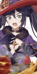  1girl @_@ artist_name asymmetrical_bangs black_bow black_choker black_gloves black_hair blurry blurry_foreground blush bow bowl breasts cape chinikuniku choker commentary_request crescent crescent_hat_ornament detached_sleeves drooling earrings food fur-trimmed_cape fur_collar fur_trim genshin_impact gloves gold_earrings green_eyes hair_between_eyes hair_bow hands_up hat hat_ornament highres jewelry leotard long_hair long_sleeves looking_at_food looking_down mona_(genshin_impact) open_mouth purple_cape purple_hat purple_leotard purple_sleeves red_hat shrimp shrimp_tempura sidelocks simple_background small_breasts solo soup star_(symbol) star_choker star_earrings star_hat_ornament star_ornament steak steam strapless strapless_leotard sweatdrop tempura tongue twintails two-sided_fabric two-sided_headwear upper_body very_long_hair white_background witch_hat 