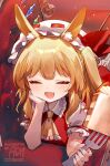  1girl :d ^_^ ainy animal_ear_fluff animal_ears ascot blonde_hair blush bow cake cake_slice carrot_cake closed_eyes collared_shirt commentary_request couch crystal crystal_wings facing_viewer fang feeding_viewer flandre_scarlet food fork frilled_shirt_collar frills hand_on_own_cheek hand_on_own_face hat hat_bow head_rest highres holding holding_fork kemonomimi_mode lying mob_cap multicolored_wings on_couch on_stomach one_side_up puffy_short_sleeves puffy_sleeves rabbit_ears rabbit_girl red_bow red_skirt red_vest shirt short_sleeves signature skin_fang skirt skirt_set smile solo touhou vest watermark white_hat white_shirt wings yellow_ascot 