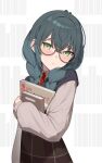  1girl absurdres blue_sweater_vest book braid brown_shirt brown_skirt collared_shirt commentary gakuen_idolmaster glasses green_eyes green_hair hair_over_one_eye hair_over_shoulder highres holding holding_book idolmaster low_twin_braids monochrome_background necktie plaid_clothes plaid_skirt red_necktie round_eyewear ruha_(ruha12haru) shirt simple_background skirt solo sweater_vest tsukimura_temari twin_braids untranslatable_commentary yellow-framed_eyewear 