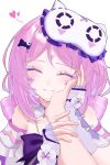  0ninj1n 1girl 1other ^_^ aqua_gem bare_shoulders citlali_(genshin_impact) citlali_(whispers_of_stars_and_smoke)_(genshin_impact) closed_eyes closed_mouth commentary detached_sleeves facial_mark forehead_mark gem genshin_impact hand_on_another's_arm hand_on_another's_face hand_on_own_face highres long_hair official_alternate_costume pink_hair pov pov_hands sleep_mask sleeveless smile solo_focus triangle triangle_facial_mark untranslatable_commentary white_background 