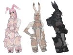  3girls absurdres animal_ears ass black_eyes black_panties blue_eyes braid braided_ponytail breasts choker cleavage cleavage_cutout clothing_cutout commentary_request dark-skinned_female dark_skin detached_sleeves drill_hair drill_sidelocks facial_mark final_fantasy final_fantasy_xiv forehead_jewel grey_panties grey_thighhighs heterochromia highres korean_commentary lace-trimmed_thighhighs lace_trim large_breasts lips long_hair medium_breasts medium_hair mole mole_under_mouth multiple_girls navel_cutout panties pink_choker pink_hair pink_lips pink_nails pink_panties pink_theme pinkteest rabbit_ears rabbit_girl sidelocks smile thighhighs underwear veil very_dark_skin viera warrior_of_light_(ff14) white_hair white_nails yellow_eyes 