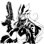  1girl beelstarmon breasts commentary_request covered_nipples cropped_vest derringer digimon digimon_(creature) eye_mask greyscale gun handgun highres hoisotsu01 holding holding_gun holding_weapon huge_breasts jacket leather leather_jacket long_hair looking_at_viewer mask monochrome multiple-barrel_gun smile solo third_eye tight_clothes underboob upper_body vest weapon white_background 