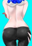  1girl aqua_background blue_hair cameltoe commentary_request from_behind head_out_of_frame highres koharu2.5 median_furrow pants shiver_(splatoon) simple_background solo splatoon_(series) tentacle_hair tight_clothes tight_pants topless_female 