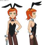  1girl absurdres animal_ear_hairband animal_ears ben_10 black_leotard bow bowtie breasts brown_pantyhose cartoon_network commentary detached_collar earrings english_commentary fake_animal_ears fake_tail gnsisir green_eyes gwen_tennyson hair_ornament hairband hairclip hand_on_own_hip highleg highleg_leotard highres holding holding_tray jewelry leotard multiple_views orange_hair pantyhose playboy_bunny rabbit_ear_hairband rabbit_ears rabbit_tail short_hair sideboob smile strapless strapless_leotard tail thighs tray white_background wrist_cuffs 