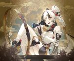  1girl bare_shoulders black_hair black_shoes blurry blurry_foreground braid braided_twintails chakram chinese_clothes cloud commentary_request corded_phone crossed_legs detached_sleeves dialyn_(zenless_zone_zero) double_bun dress earrings hair_bun hair_extensions hair_ornament hairclip highres holding holding_phone id_card jewelry knees_up long_hair looking_at_viewer multicolored_hair multicolored_nails necktie open_mouth panda_hair_ornament phone qipao ring_hair_extensions shoes sitting solo split-color_hair thighhighs weapon white_dress white_hair white_thighhighs yellow_eyes yellow_necktie zenless_zone_zero zeroartwo 