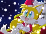  1boy :d animal_ears animal_nose blue_eyes blush christmas coat commentary_request fox_boy fox_ears fox_tail fur-trimmed_coat fur_trim furry furry_male gloves happy hat looking_up male_focus multiple_tails open_mouth outdoors red_coat red_hat roshii_(roshi_loshi_641) sack santa_costume santa_hat simple_background sitting sleigh smile snow snowing solo sonic_(series) tail tails_(sonic) white_gloves 