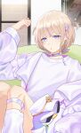  1girl absurdres banpen_(todoroki_hajime) blonde_hair blush choker commentary_request highres hololive hololive_dev_is jacket leg_warmers long_sleeves looking_at_viewer multicolored_hair purple_choker purple_eyes purple_hair sakana1214 shirt short_hair streaked_hair todoroki_hajime todoroki_hajime_(1st_costume) two_side_up virtual_youtuber white_jacket white_leg_warmers white_shirt 
