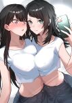  2girls bang_dream! bang_dream!_it's_mygo!!!!! black_hair blush breast_press breasts brown_hair cellphone closed_mouth commentary_request crop_top embarrassed green_eyes highres houji_tea_latte large_breasts long_hair midriff mole mole_under_eye multiple_girls navel open_mouth phone purple_eyes selfie shiina_taki shirt short_sleeves smartphone symmetrical_docking white_shirt yahata_umiri yuri 