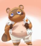  2021 animal_crossing ankorourcon anthro belly blue_eyes bottomwear brown_body canid canine chibi clothed clothing hi_res humanoid_hands kemono male mammal nintendo open_clothing open_shirt open_topwear overweight overweight_male pants raccoon_dog shirt simple_background solo tanuki tom_nook_(animal_crossing) topwear video_games 