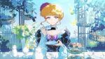  1girl beatrice_(umineko) birdcage black_choker black_dress blonde_hair blue_eyes bow braid braided_base braided_bun brooch cage cake chinese_commentary choker commentary_request crown_braid cup day dessert dress flower food food_stand frilled_choker frilled_dress frilled_sleeves frills gem glowing golden_butterfly hair_bun hair_flower hair_ornament highres holding holding_saucer jewelry layered_dress leaf looking_to_the_side multicolored_dress outdoors pastry pink_bow pinstripe_dress pinstripe_pattern puffy_sleeves red_flower red_gem red_rose rose saucer sky smile solo sunlight table tea_party teacup teapot tiered_tray tree two-tone_dress umineko_no_naku_koro_ni vase wavy_sidelocks white_flower wo_gai_yi_zenyang_de_xinqing_mian_dui_ni 