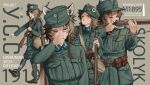  1girl :d absurdres aiming army austria-hungary bloodshot_eyes blue_eyes bolt_action boots brown_hair buttons character_name combat_boots commentary commission english_commentary eye_injury fang finger_on_trigger flower full_body gun hat highres holding holding_gun holding_weapon jacket long_sleeves mannlicher_m1895 marching mazepynka messy_hair military military_combat_uniform military_hat military_rank_insignia military_uniform multiple_views one_eye_closed open_mouth original rifle scar scar_across_eye scar_on_cheek scar_on_face second-party_source short_hair_with_long_locks sidelocks skin_fang skolyk_(ko_winters) smile smoke smoking soldier the_zombie5555 ukraine ukrainian_sich_riflemen ukrainian_text vest_pouch weapon world_war_i 