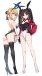  2girls absurdres ahoge animal_ear_hairband animal_ears artoria_pendragon_(fate) ass black_gloves black_hair black_hairband black_leotard black_thighhighs blonde_hair blue_eyes blue_hairband blue_leotard braid braided_bun breasts commentary_request detached_collar earrings fake_animal_ears fake_tail fate/stay_night fate_(series) gloves green_eyes grin hair_bun hair_intakes hair_ribbon hairband high_heels highleg highleg_leotard highres hoop_earrings jacket jewelry kurotsuki_machi leotard light_blush looking_at_viewer looking_back medium_breasts multicolored_leotard multiple_girls parted_bangs playboy_bunny rabbit_ear_hairband rabbit_ears rabbit_tail red_jacket ribbon saber_(fate) saber_(honkai:_star_rail)_(fate) sidelocks simple_background smile standing strapless strapless_leotard tail thighhighs tohsaka_rin tohsaka_rin_(honkai:_star_rail) twintails two-tone_leotard white_background white_leotard white_wrist_cuffs wrist_cuffs 