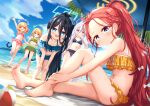  >:( 5girls :d absurdres alternate_costume alternate_hairstyle aqua_halo aqua_pupils aris_(blue_archive) arm_up ball bare_legs bare_shoulders barefoot beach beach_mat beach_towel beach_umbrella beachball bikini bikini_skirt black_bikini black_hair blonde_hair blue_archive blue_bikini blue_eyes blue_scrunchie blush bow braid bright_pupils cat_tail chinese_commentary closed_mouth cloud collarbone commentary_request day dot_nose double-parted_bangs dutch_angle fake_tail fingernails flat_chest forehead frilled_bikini frills from_side frown full_body game_development_department_(blue_archive) green_bikini green_bow green_eyes green_halo hair_between_eyes hair_bow hair_ornament hair_scrunchie half_up_braid halo hands_on_own_knees hands_on_own_leg high_ponytail highres holding holding_swim_ring innertube kei_(blue_archive) knee_up leaning_forward leg_up long_hair long_hair_between_eyes looking_at_viewer looking_to_the_side loosely_tucked_bangs low-tied_sidelocks low_twintails medium_hair midori_(blue_archive) momoi_(blue_archive) mountainous_horizon multi-source_commentary multiple_girls navel off-shoulder_bikini off_shoulder open_mouth orange_bikini orange_halo outdoors outstretched_hand outstretched_leg pink_bikini pink_eyes pink_halo ponytail rectangular_halo red_bow red_hair ringed_eyes ruffle_bikini sand scrunchie short_twintails siblings sidelocks sisters sitting smile soles split_mouth standing standing_on_one_leg stomach swept_bangs swim_ring swimsuit tail teeth toenails towel turning_head twins twintails umbrella upper_teeth_only urotsuki_(uro30) v-shaped_eyebrows very_long_hair white_bow white_hair white_pupils yuzu_(blue_archive) 