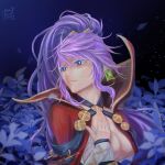  1girl absurdres artist_name blue_eyes breasts cape cleavage commentary_request criss-cross_halter dated double-parted_bangs earrings falling_leaves fire_emblem fire_emblem:_genealogy_of_the_holy_war fire_emblem_heroes gem gold_tiara green_gem hair_between_eyes halterneck hand_on_own_chest high_ponytail highres ishtar_(fire_emblem) ishtar_(resplendent)_(fire_emblem) jewelry leaf long_hair long_sleeves medium_breasts night official_alternate_costume ponytail purple_hair red_cape sidelighting sidelocks signature solo upper_body very_long_hair yeeej 