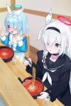  >_< 2girls arona_(blue_archive) black_choker black_coat black_hairband black_sailor_collar black_serafuku black_skirt blue_archive blue_hair blue_halo blunt_bangs blurry blurry_background blush bow braid chair chest_bow choker chopsticks closed_eyes coat collarbone colored_inner_hair commentary_request cowboy_shot dutch_angle food furrowed_brow grey_eyes hair_bow hair_over_one_eye hairband halo hands_up highres holding holding_chopsticks indoors long_bangs long_hair long_sleeves looking_at_food medium_hair multicolored_hair multiple_girls neckerchief noodles on_chair one_eye_covered open_clothes open_coat open_mouth pink_hair plana_(blue_archive) pleated_skirt ramen red_halo red_pupils sailor_collar school_uniform serafuku single_braid sitting skirt spicy tearing_up tongue tongue_out twig_imokenpi two-tone_hair white_bow white_hair white_hairband white_neckerchief white_sailor_collar white_skirt wide_sleeves 