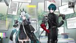  1boy 1girl animal_ears arcane_(arknights) arknights arknights:_endfield armor asymmetrical_gloves bird_ears bird_girl black_gloves black_jacket black_pants blood blue_eyes camille_(arknights) cape commentary_request controller copyright_logo copyright_notice elbow_gloves facial_mark forehead_mark game_controller gloves green_hair grey_hair halo hand_in_pocket head_wings highres hinatsu holding holding_controller holding_game_controller jacket logo long_hair looking_at_viewer mismatched_gloves multicolored_gloves multicolored_hair official_art pants pauldrons pinstripe_jacket pinstripe_pattern pointy_ears red_gloves red_halo short_hair shoulder_armor single_pauldron spiked_halo streaked_hair thighhighs two-sided_cape two-sided_fabric two-tone_cape uneven_gloves wings 