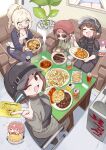  4girls absurdres ahoge allet_(trickcal) belt black_jacket blonde_hair blue_eyes body_armor breasts brown_eyes brown_hair bulletproof_vest camouflage camouflage_jacket can canna_(trickcal) cargo_pants cellphone chicken_(food) cleavage commentary_request credit_card denim drink_can drooling dumpling elena_(trickcal) face_shield food fried_chicken green_jacket green_pants helmet high_ponytail highres jacket jeans jiaozi korean_commentary korean_text layze_(trickcal) medium_breasts medium_hair multiple_girls noodles open_mouth pants phone pointy_ears police police_uniform ponytail riot_helmet riot_police short_hair sibeoji smartphone smile soda soda_can spoon strapless sunglasses tactical_clothes taida_(trickcal) trickcal tube_top 